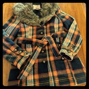BKE Buckle Plaid Coat with Fur Trim